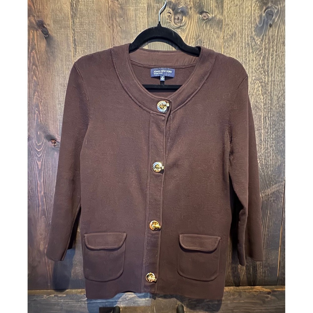 Jones New York Signature Brown Cardigan Gold Toggle Knit Sweater Womens Medium